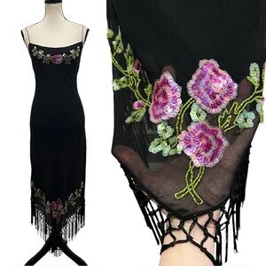 Vintage Betsey Johnson New York Sheer Mesh Floral Bead Sequin Fringe Slip Dress